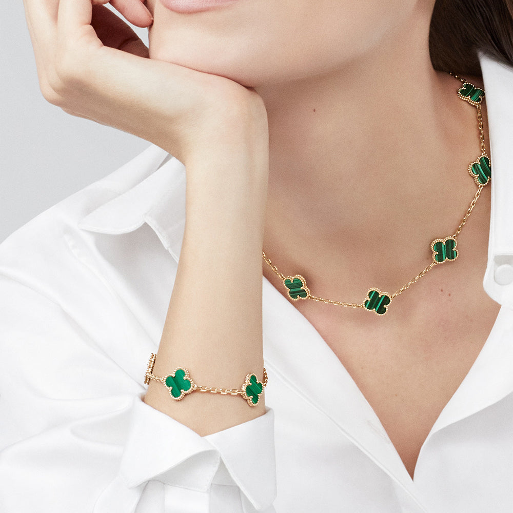 [Zalyn Jewelry ]CLOVER 10 MOTIFS MALACHITE NECKLACE