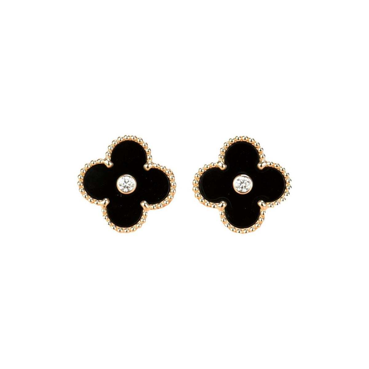 [Zalyn Jewelry ]CLOVER MEDIUM 1 MOTIFS ONYX DIAMOND EARRINGS
