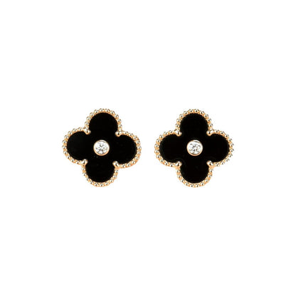 [Zalyn Jewelry ]CLOVER MEDIUM 1 MOTIFS ONYX DIAMOND EARRINGS
