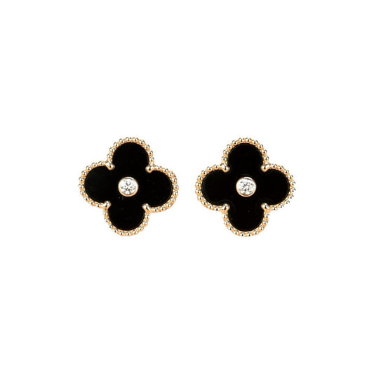 [Zalyn Jewelry ]CLOVER MEDIUM 1 MOTIFS ONYX DIAMOND EARRINGS