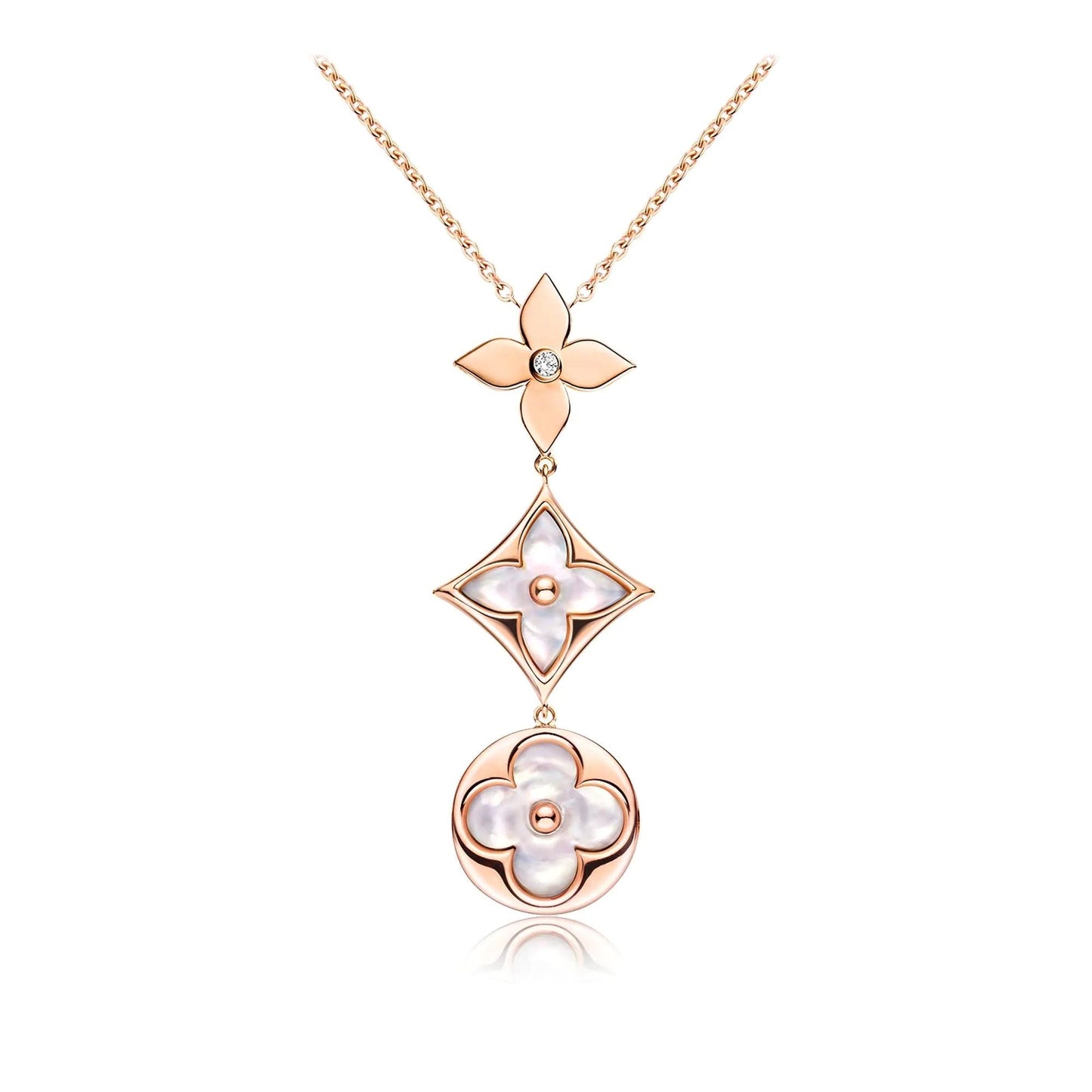[Zalyn]COLOR BLOSSOM LARIAT NECKLACE ROSE GOLD WHITE MOTHER PEARL AND DIAMOND