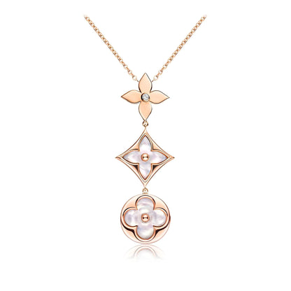 [Zalyn]COLOR BLOSSOM LARIAT NECKLACE ROSE GOLD WHITE MOTHER PEARL AND DIAMOND