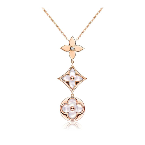 [Zalyn]COLOR BLOSSOM LARIAT NECKLACE ROSE GOLD WHITE MOTHER PEARL AND DIAMOND