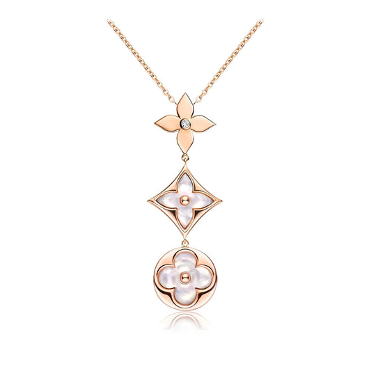 [Zalyn]COLOR BLOSSOM LARIAT NECKLACE ROSE GOLD WHITE MOTHER PEARL AND DIAMOND