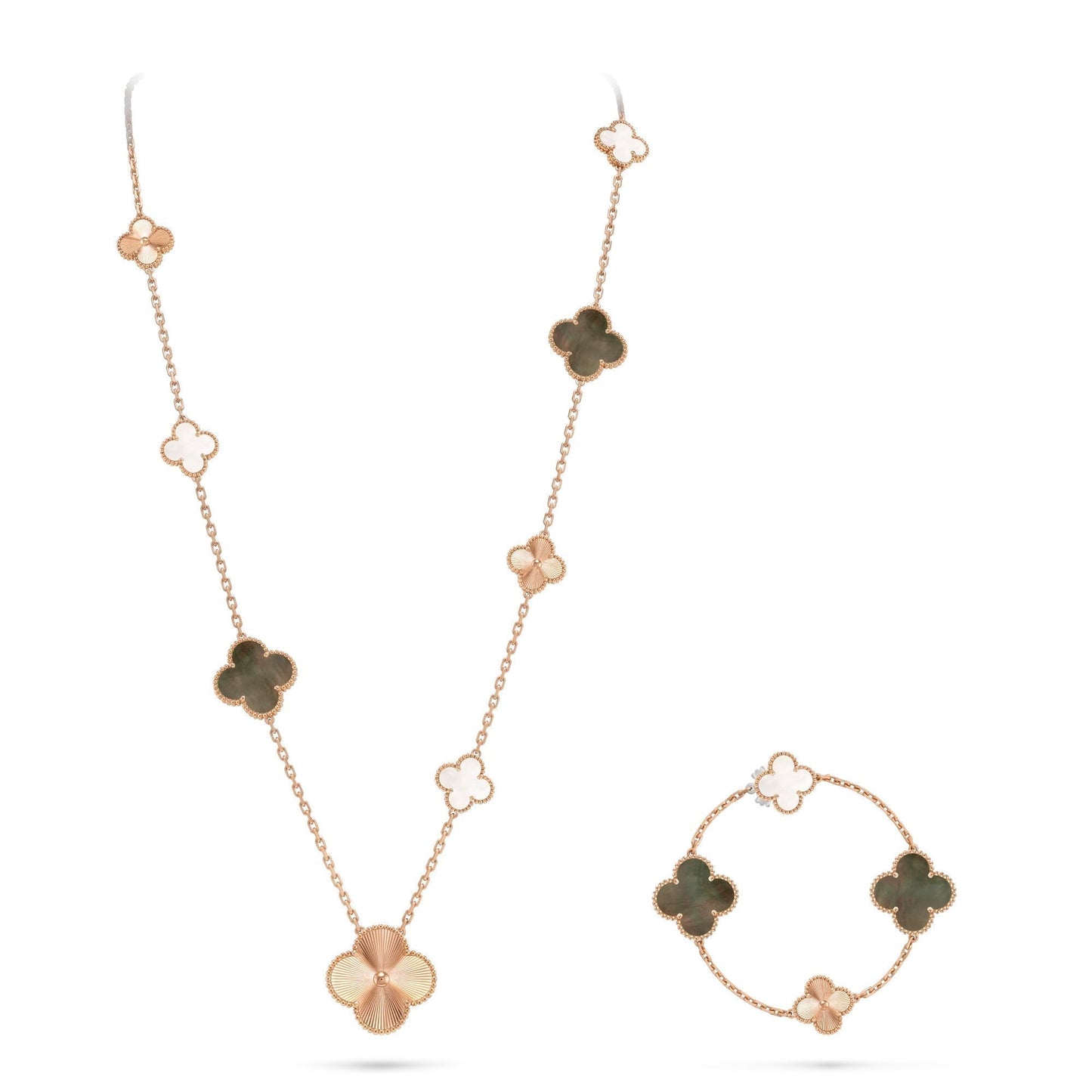 [Zalyn]DETACHABLE 15-MOTIF CLOVER STATEMENT SET - GREY MOTHER-OF-PEARL & LASER