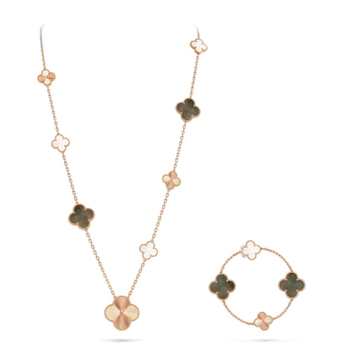 [Zalyn]DETACHABLE 15-MOTIF CLOVER STATEMENT SET - GREY MOTHER-OF-PEARL & LASER