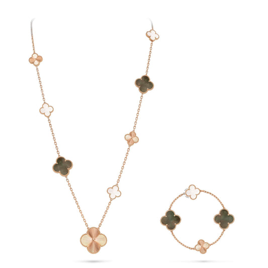 [Zalyn]DETACHABLE 15-MOTIF CLOVER STATEMENT SET - GREY MOTHER-OF-PEARL & LASER