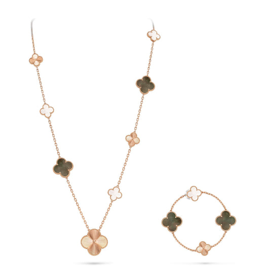 [Zalyn Jewelry ]DETACHABLE CLOVER 15(11+4) FLOWER ROSE GOLD NECKLACE SET