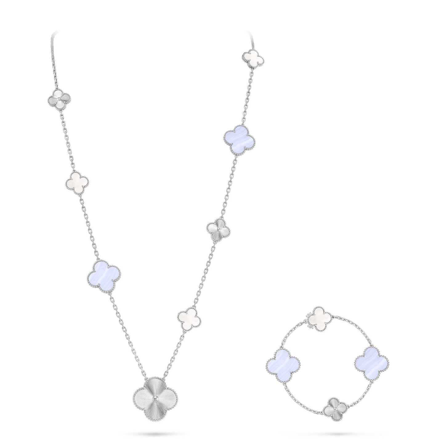 [Zalyn]DETACHABLE 15-MOTIF CLOVER STATEMENT SET - PURPLE CHALCEDONY & LASER