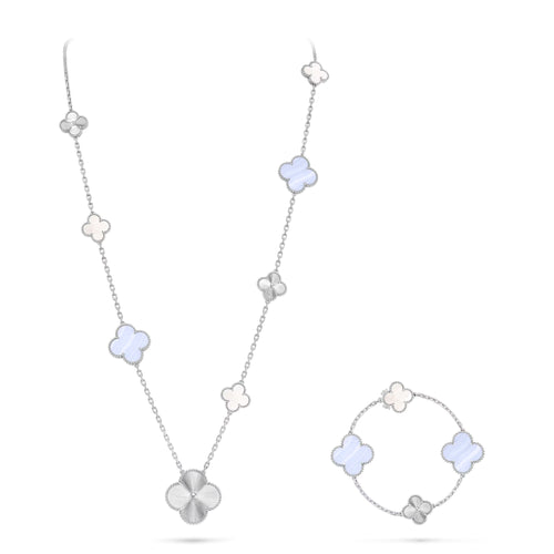[Zalyn]DETACHABLE 15-MOTIF CLOVER STATEMENT SET - PURPLE CHALCEDONY & LASER