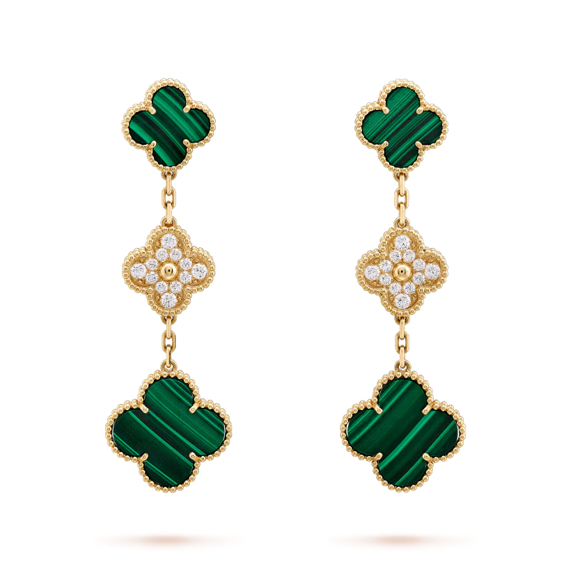 [Zalyn Jewelry ]CLOVER EARRINGS GOLD MALACHITE DIAMOND 3 MOTIF