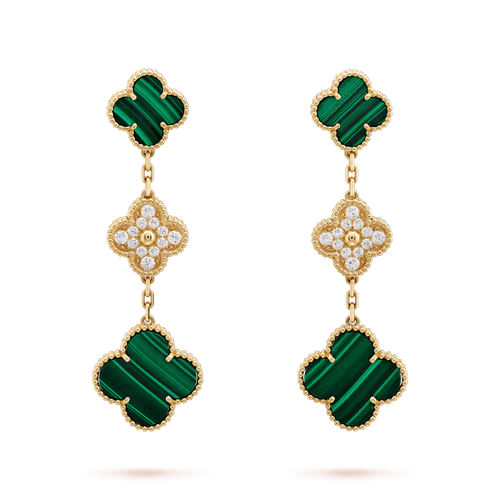 [Zalyn Jewelry ]CLOVER EARRINGS GOLD MALACHITE DIAMOND 3 MOTIF