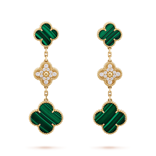 [Zalyn Jewelry ]CLOVER EARRINGS GOLD MALACHITE DIAMOND 3 MOTIF