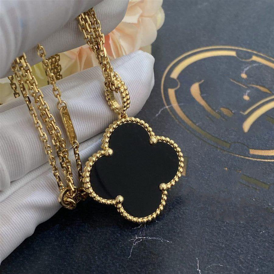 [Zalyn Jewelry ]CLOVER 25MM GOLD ONYX BIG CLOVER NECKLACE