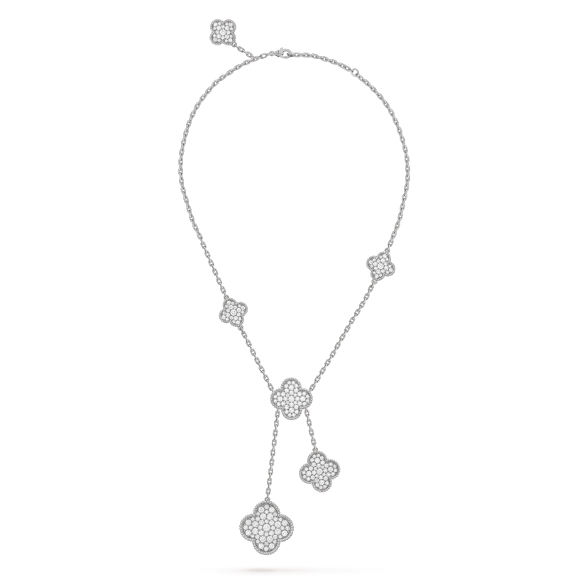 [Zalyn Jewelry ]CLOVER 5 MOTIFS SILVER DIAMONDS NECKLACE