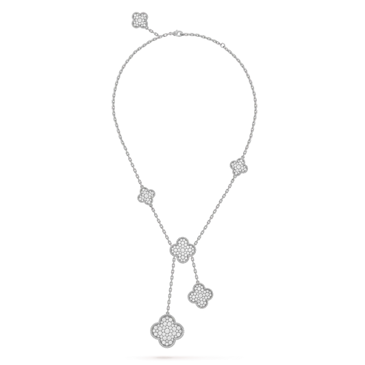 [Zalyn Jewelry ]CLOVER 5 MOTIFS SILVER DIAMONDS NECKLACE
