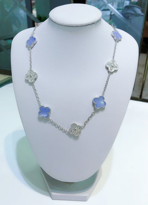 [Zalyn Jewelry ]CLOVER 10 MOTIFS CHALCEDONY DIAMONDS SILVER NECKLACE