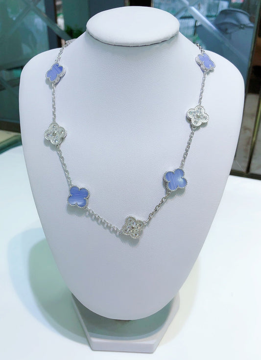 [Zalyn Jewelry ]CLOVER 10 MOTIFS CHALCEDONY DIAMONDS SILVER NECKLACE
