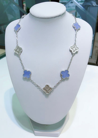 [Zalyn Jewelry ]CLOVER 10 MOTIFS CHALCEDONY DIAMONDS SILVER NECKLACE
