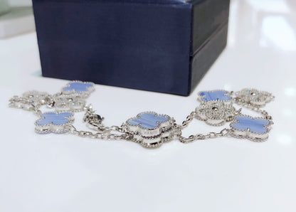 [Zalyn Jewelry ]CLOVER 10 MOTIFS CHALCEDONY DIAMONDS SILVER NECKLACE
