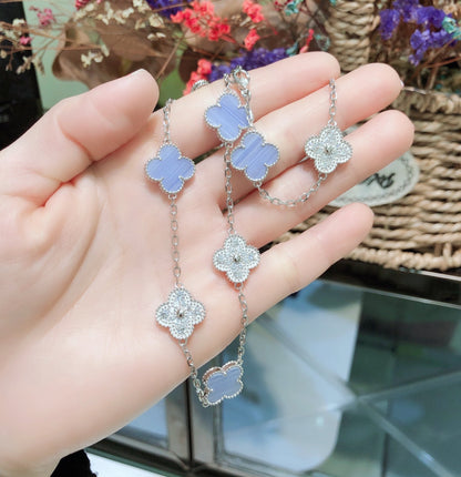 [Zalyn Jewelry ]CLOVER 10 MOTIFS CHALCEDONY DIAMONDS SILVER NECKLACE