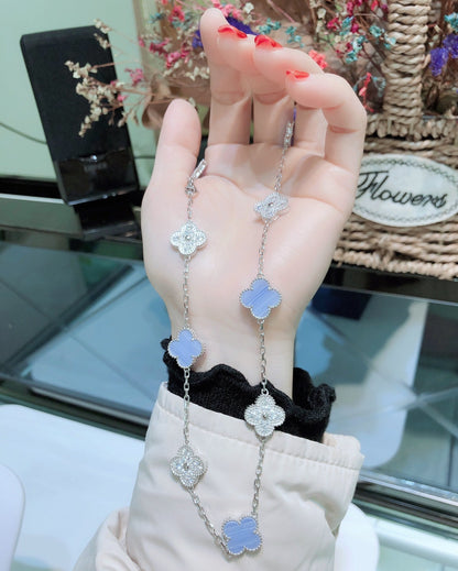 [Zalyn Jewelry ]CLOVER 10 MOTIFS CHALCEDONY DIAMONDS SILVER NECKLACE