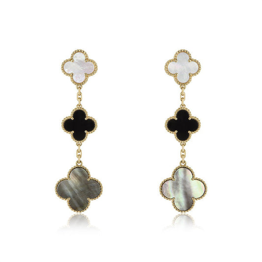 [Zalyn Jewelry ]CLOVER EARRINGS GOLD ONYX MOP 3 MOTIF